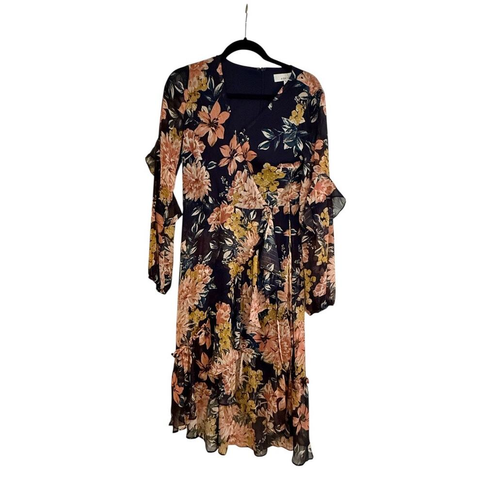Adelyn Rae Alana Navy Blue Floral Print Long Sleeve Ruffled Midi Dress
